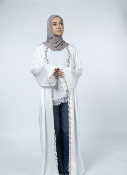 White Satin Floral Open Abaya